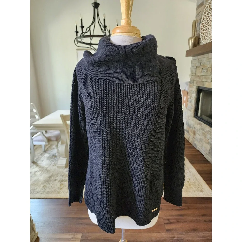 Michael Kors Womens Black Cowl Neck Waffle Knit Sweater Size Medium Cotton Blend
